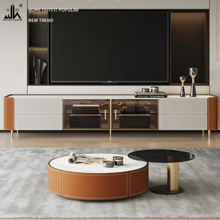 TV cabinet fashion saddle leather rock board tea table TV cabinet combination